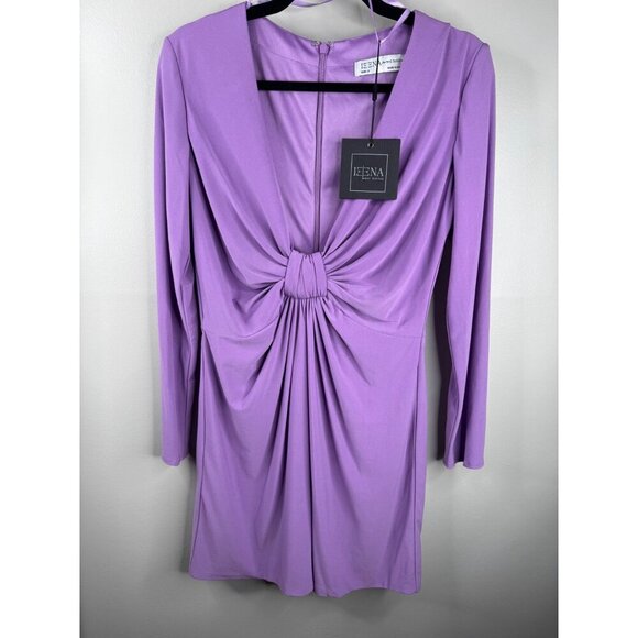 NWT Mac Duggal 27041 V-Neck Mini Lilac Dress Long Sleeves Jersey Stretch Size 8 - Picture 3 of 6